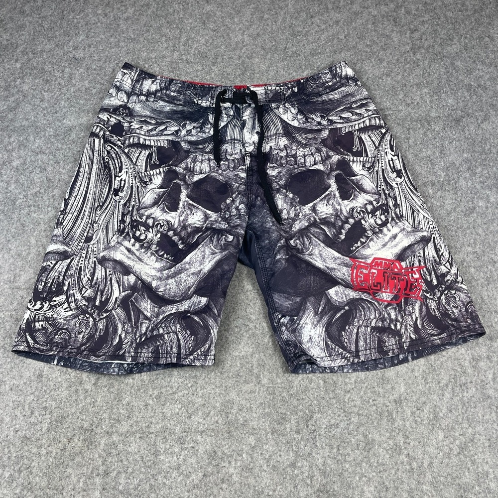 MMA Elite Shorts Men's Black Gray Fight Board Shorts Skull Graphic Size Large